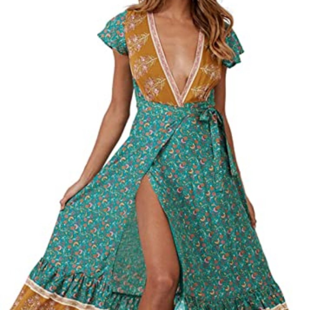 Bohemian Floral Printed Wrap V Neck Short Sleeve
